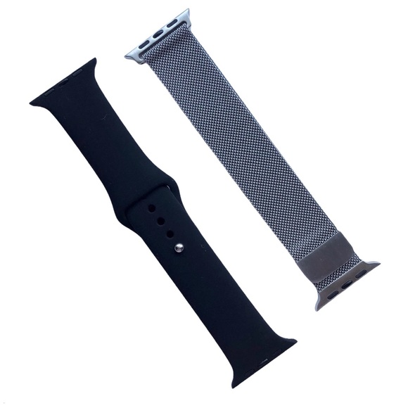 NEW 2 Band Bundle Silver Milanese Loop + Black Sport Apple Watch 42/44/45mm M/L - Picture 1 of 6